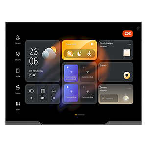 Centralized control panel for smart home automation in high-end single-family homes, managing lighting, blinds, thermostat, audio system, locks, alarm system, and CCTV monitoring for enhanced convenience and security.